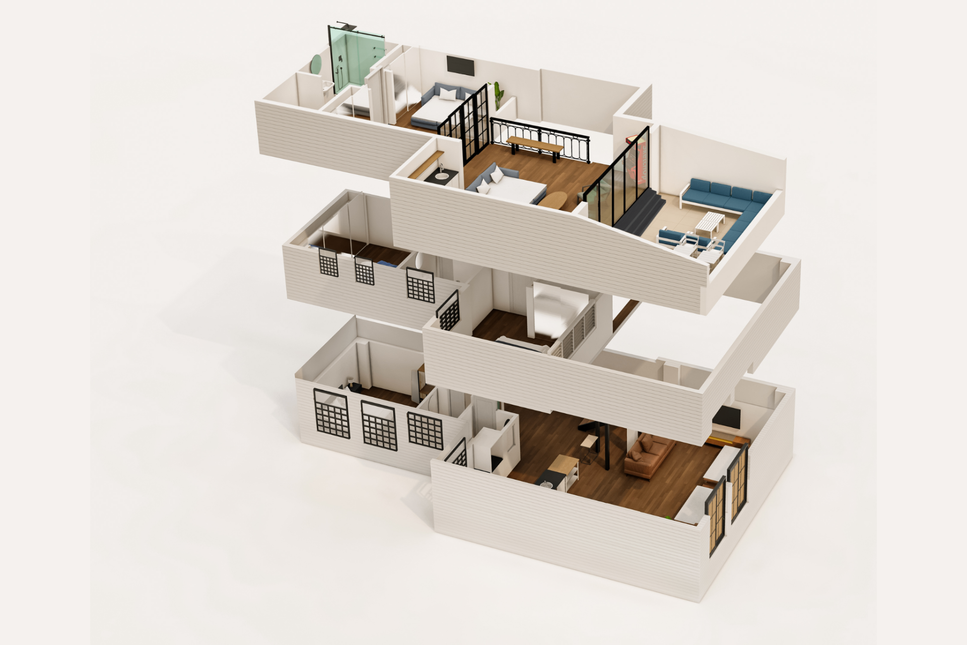 Alternate exploded three-level apartment view revealing stair connections, bedrooms, and open living zones across every floor.