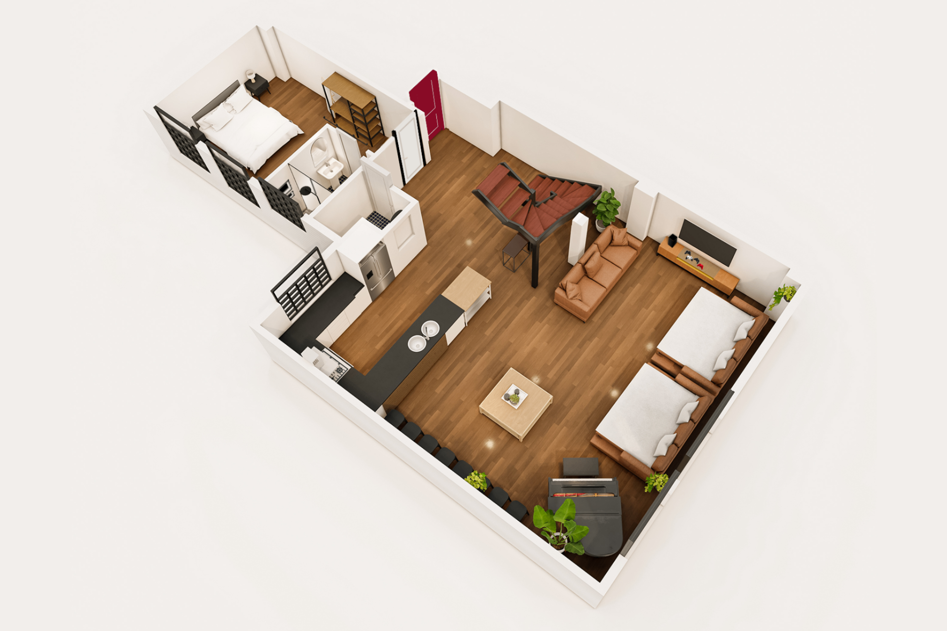 Perspective 3D render of the third level with sofa beds opened for sleeping and the grand piano visible nearby.