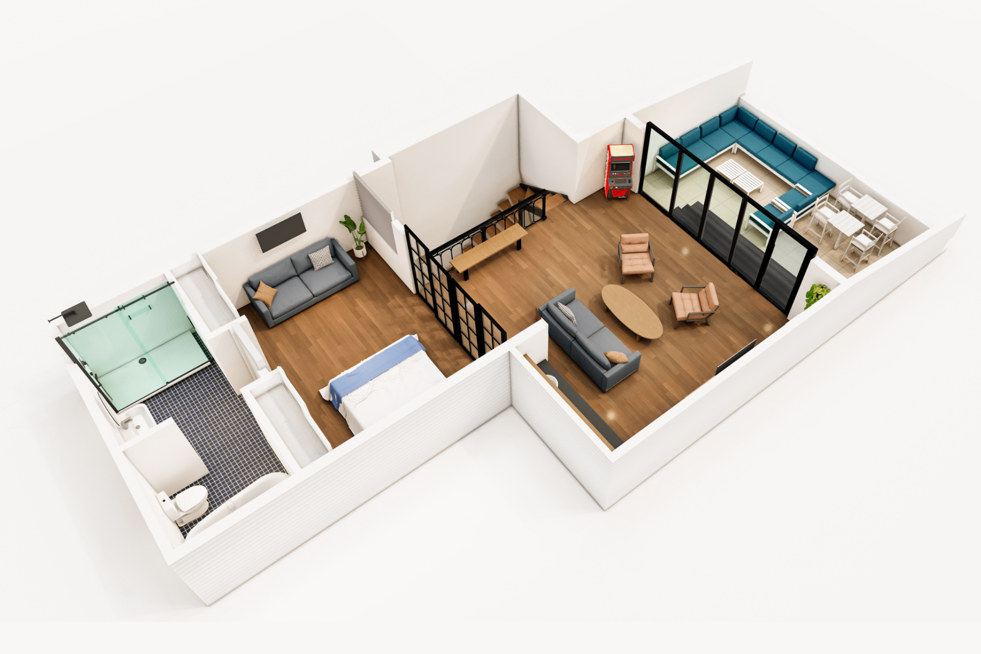 Perspective 3D render of the third level arranged with smaller lounge seating and a quieter bedroom-side setup.