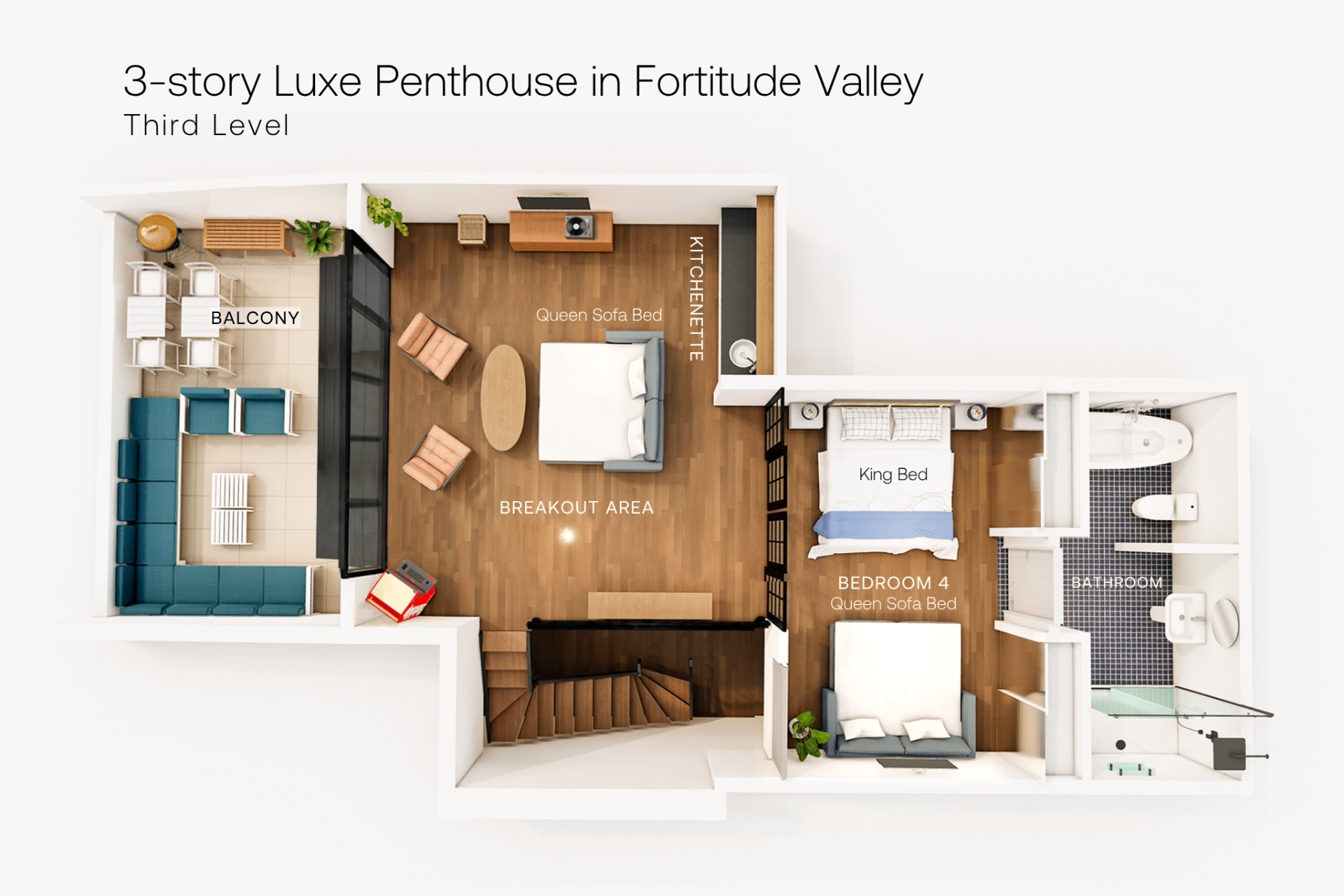Top-down 3D floor plan of the third level configured for extra sleeping capacity with sofa beds opened out.
