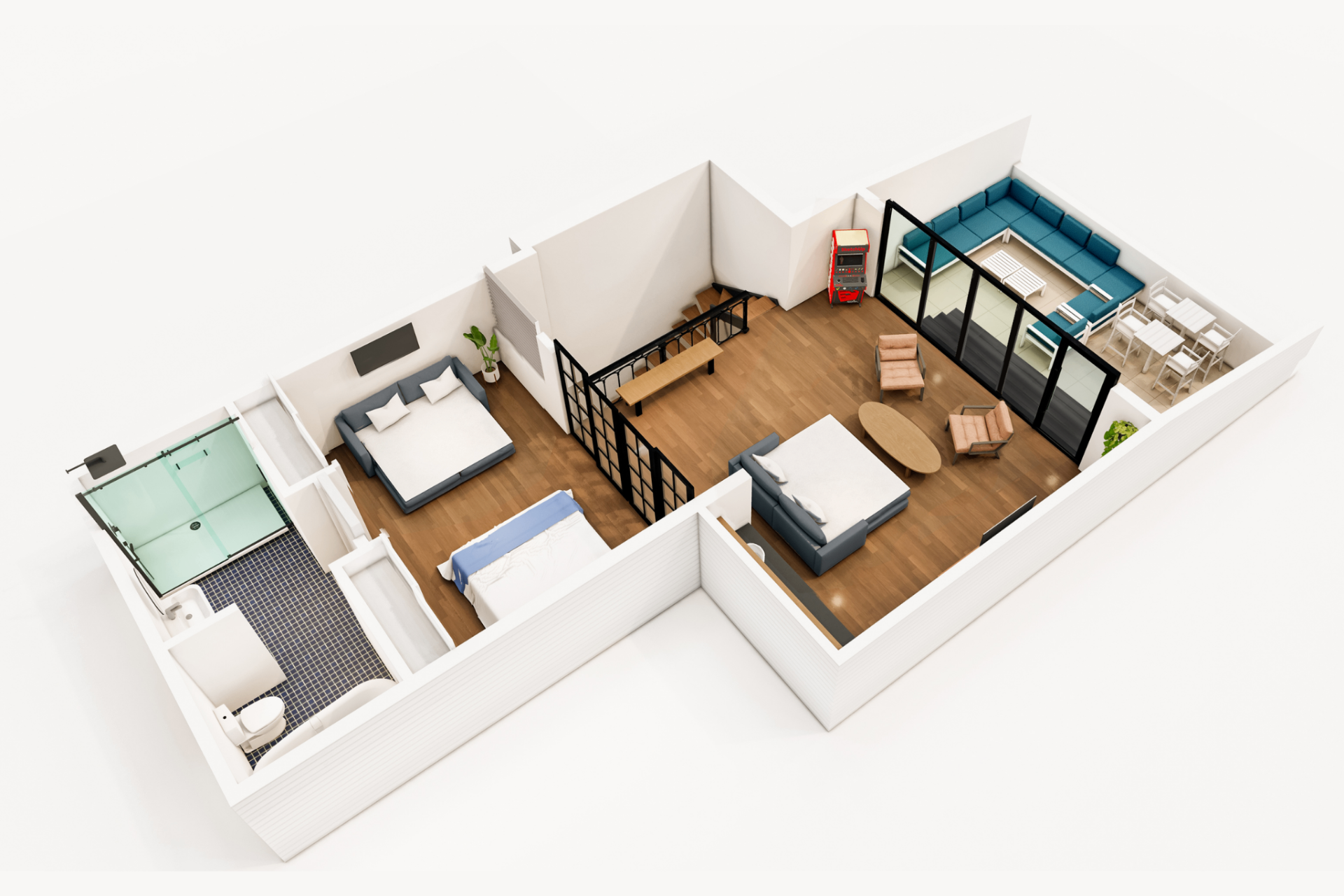 Perspective 3D render of the third level showing balcony seating, bedroom, and indoor lounge configuration.