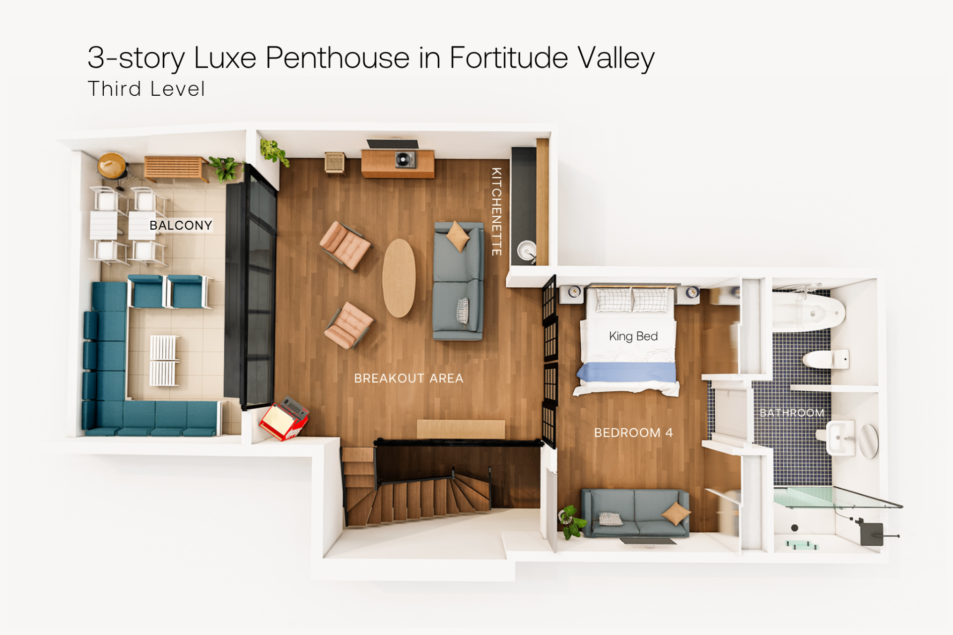 Top-down 3D floor plan of the third level with balcony, breakout area, kitchenette, bedroom, and bathroom.